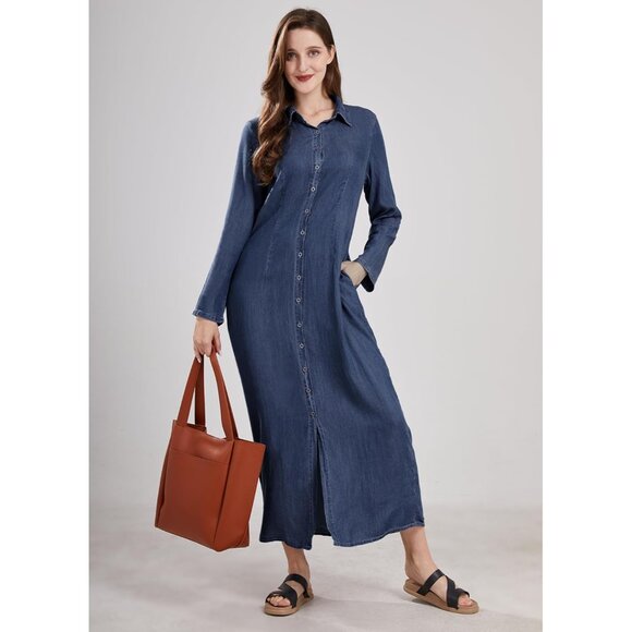 Women's Casual Denim Maxi Dress Long Sleeve Pockets Button Up Stylish - Picture 4 of 7
